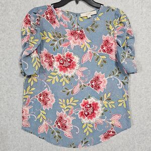 Loft Blouse Size XS Womens Blue Floral Polka Dot Ruffle Sleeve Top
